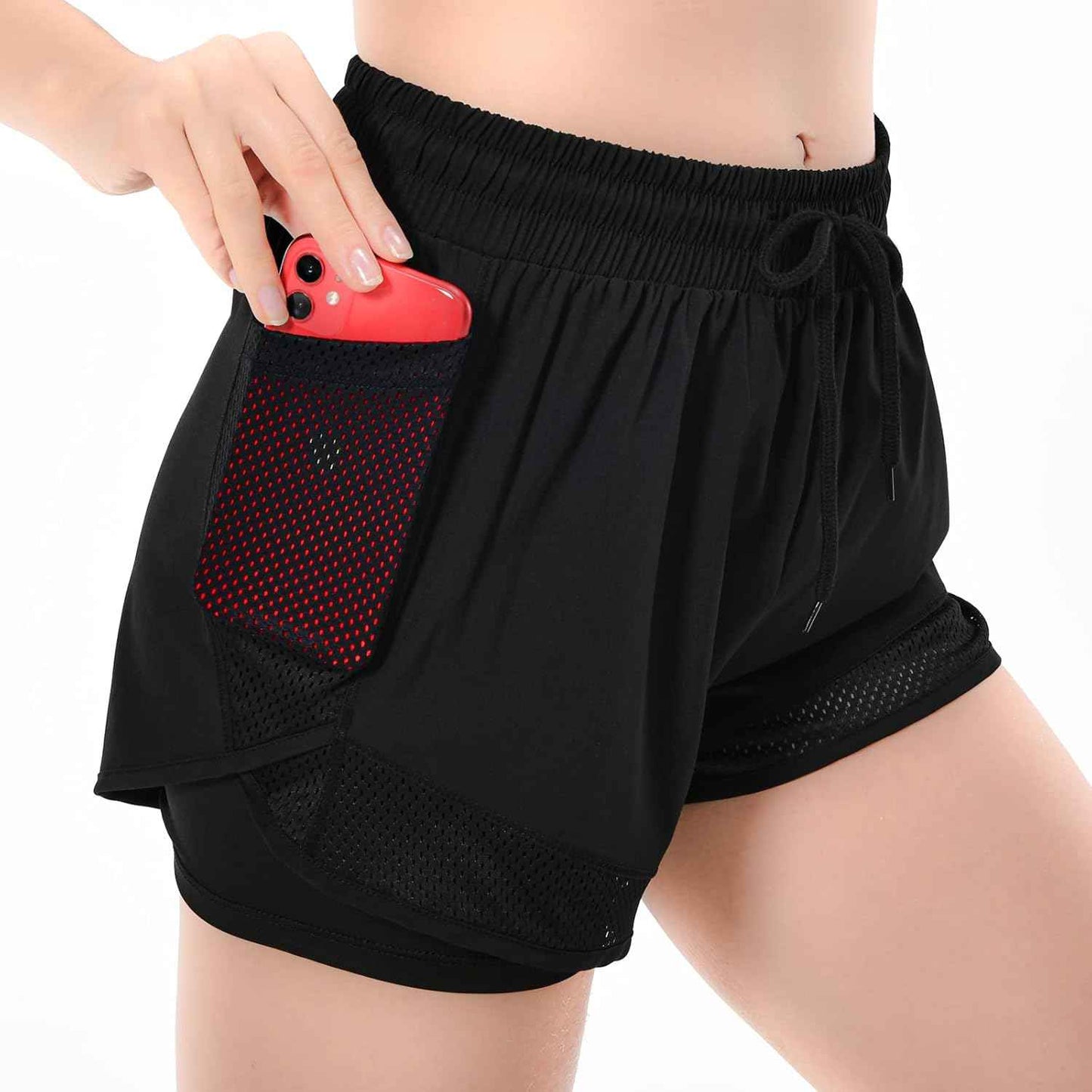 Short Running Femme Short Sport Femme, 2 en 1 Elastique Respirant Shorts de Course Gym Fitness Yoga avec Poches