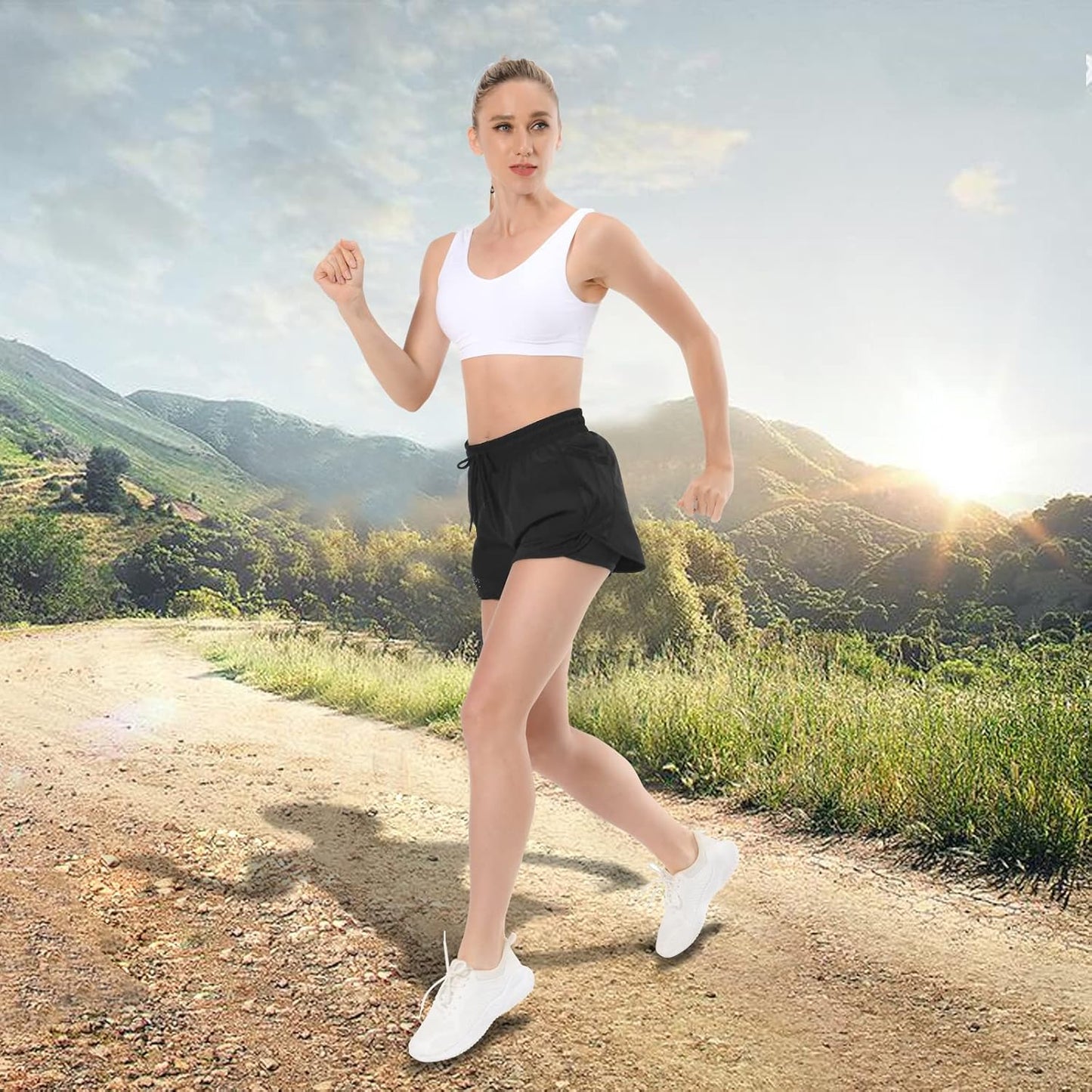 Short Running Femme Short Sport Femme, 2 en 1 Elastique Respirant Shorts de Course Gym Fitness Yoga avec Poches