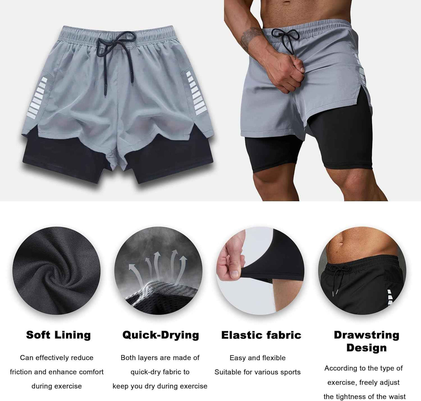 Smatstyle Short de Course Homme Court 2 en 1 Running Shorts Men Pantalon de Sport à séchage Rapide avec Poches Respirant Short d'entraînement
