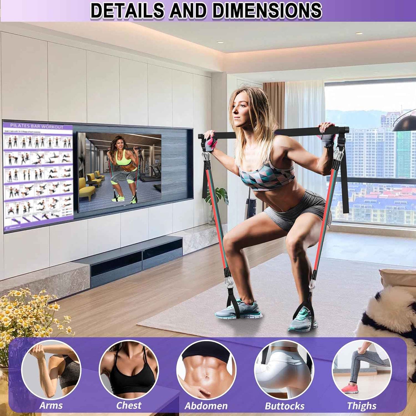 Ensemble de Barres de Pilates et de Bandes de résistance avec poignées, Salle de Sport Portable à Domicile – Livré avec des Affiches et des vidéos de Fitness