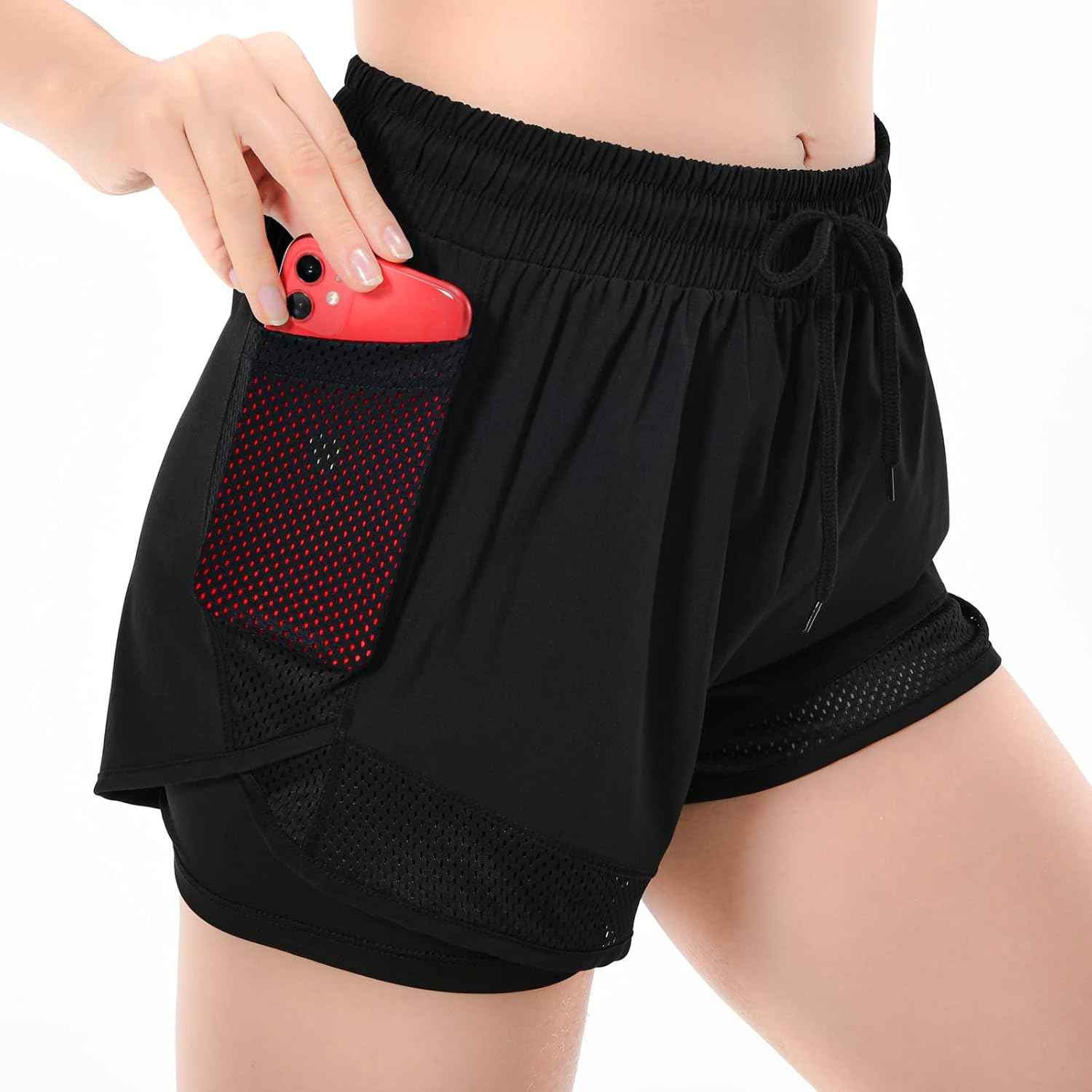 Short Running Femme Short Sport Femme, 2 en 1 Elastique Respirant Shorts de Course Gym Fitness Yoga avec Poches
