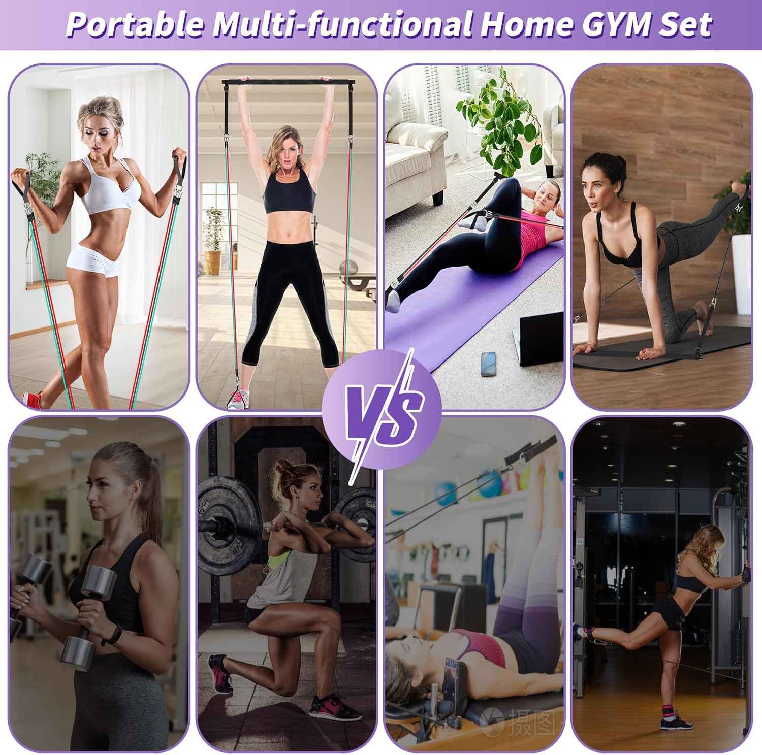 Ensemble de Barres de Pilates et de Bandes de résistance avec poignées, Salle de Sport Portable à Domicile – Livré avec des Affiches et des vidéos de Fitness