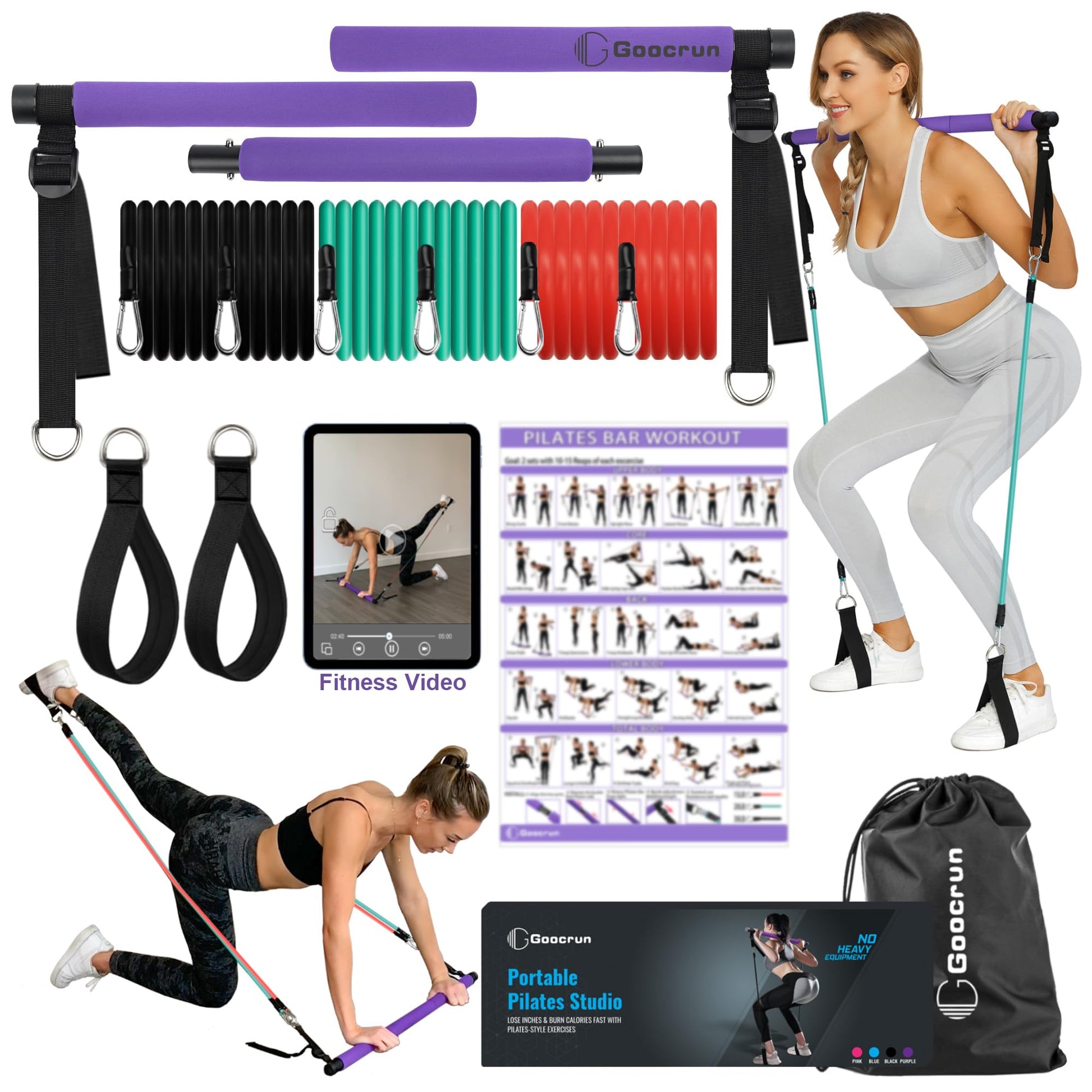 Ensemble de Barres de Pilates et de Bandes de résistance avec poignées, Salle de Sport Portable à Domicile – Livré avec des Affiches et des vidéos de Fitness