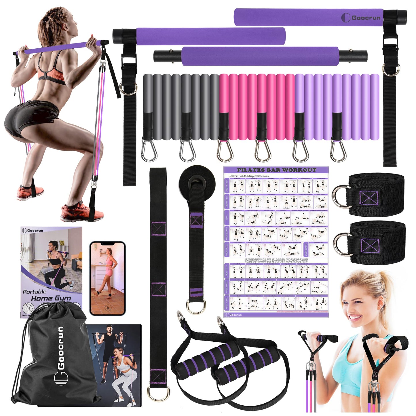 Ensemble de Barres de Pilates et de Bandes de résistance avec poignées, Salle de Sport Portable à Domicile – Livré avec des Affiches et des vidéos de Fitness