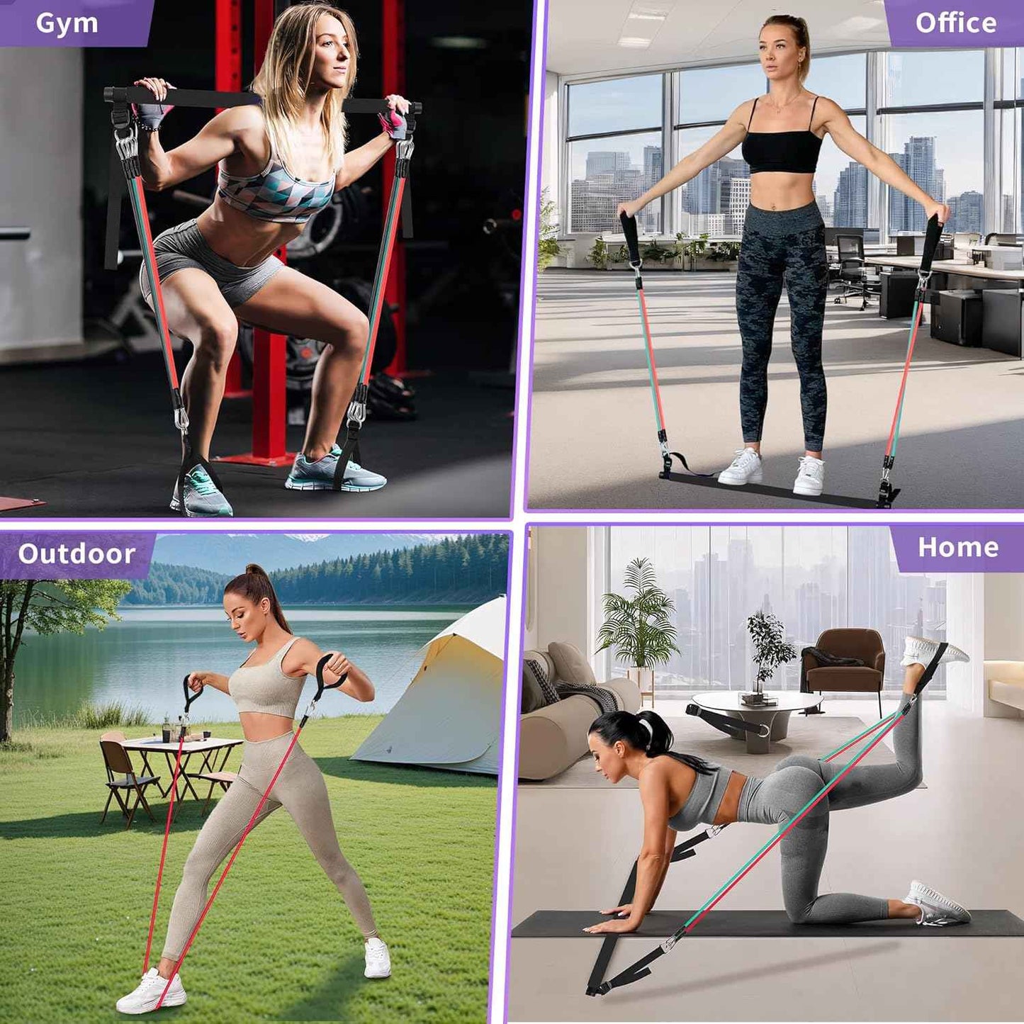 Ensemble de Barres de Pilates et de Bandes de résistance avec poignées, Salle de Sport Portable à Domicile – Livré avec des Affiches et des vidéos de Fitness