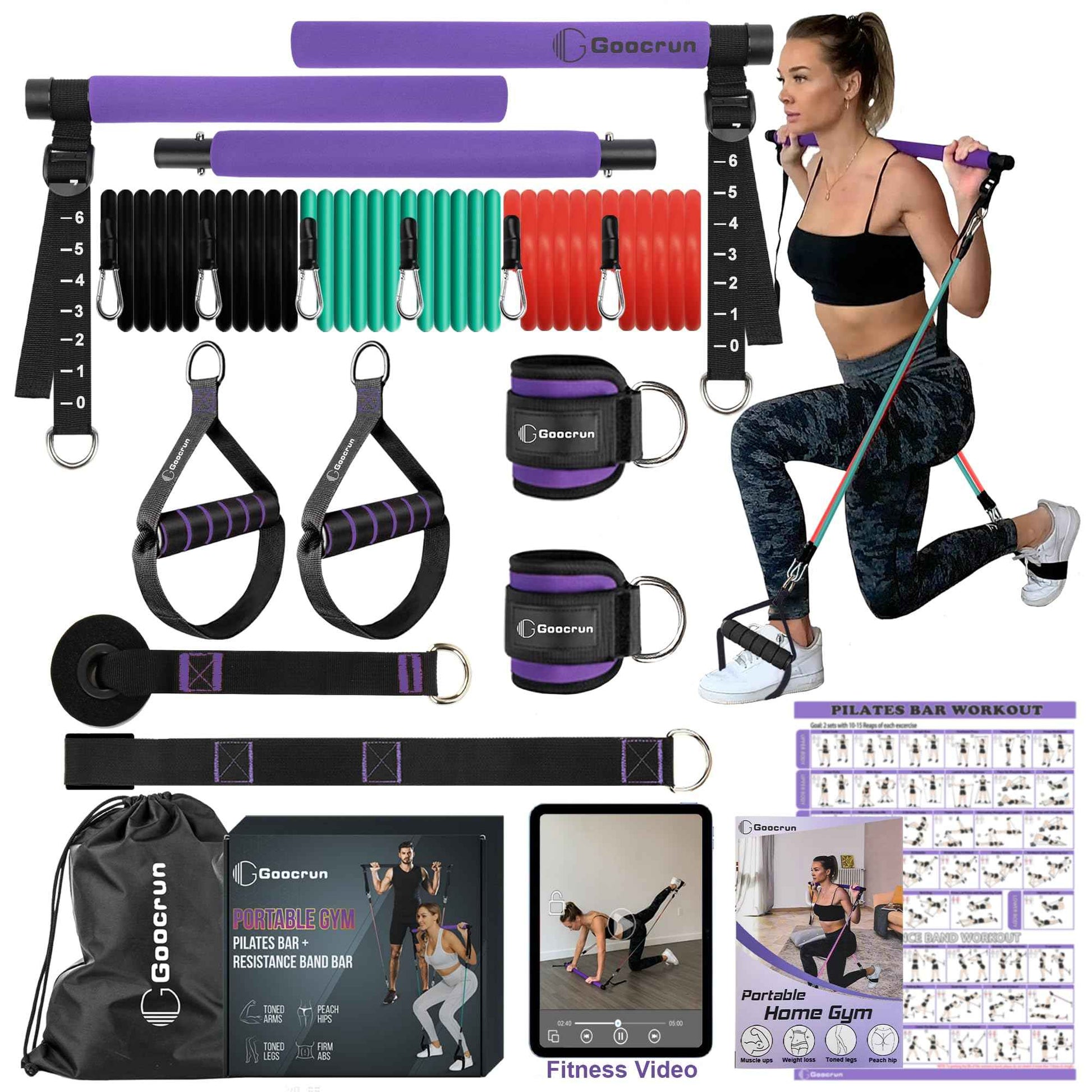 Ensemble de Barres de Pilates et de Bandes de résistance avec poignées, Salle de Sport Portable à Domicile – Livré avec des Affiches et des vidéos de Fitness