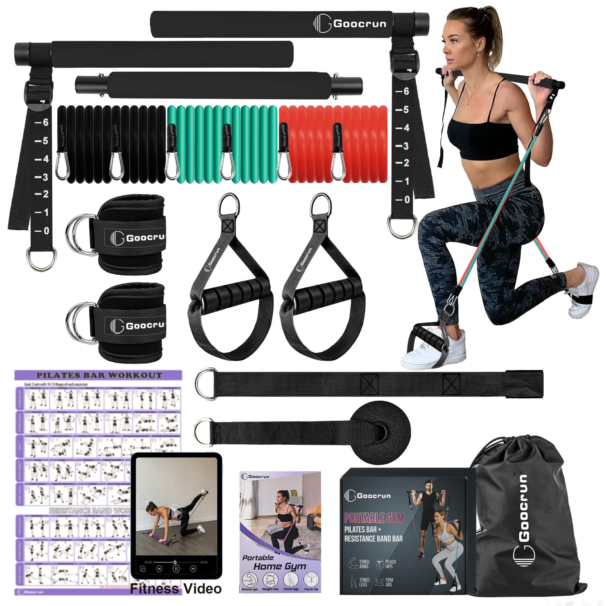 Ensemble de Barres de Pilates et de Bandes de résistance avec poignées, Salle de Sport Portable à Domicile – Livré avec des Affiches et des vidéos de Fitness