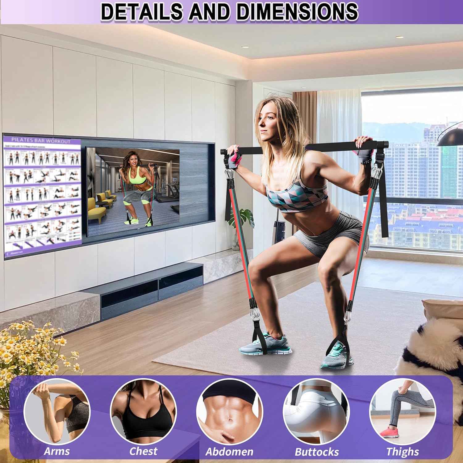 Ensemble de Barres de Pilates et de Bandes de résistance avec poignées, Salle de Sport Portable à Domicile – Livré avec des Affiches et des vidéos de Fitness