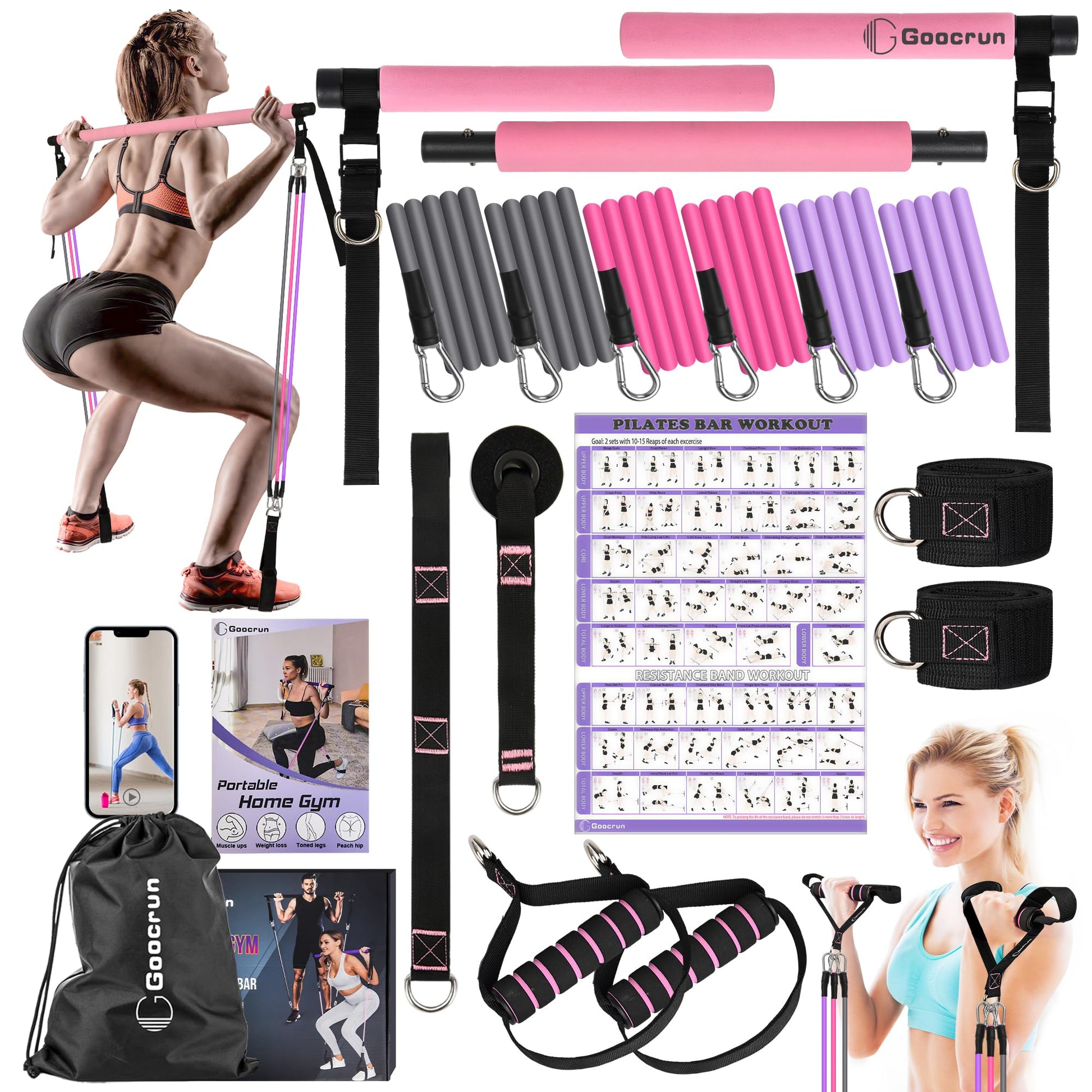 Ensemble de Barres de Pilates et de Bandes de résistance avec poignées, Salle de Sport Portable à Domicile – Livré avec des Affiches et des vidéos de Fitness