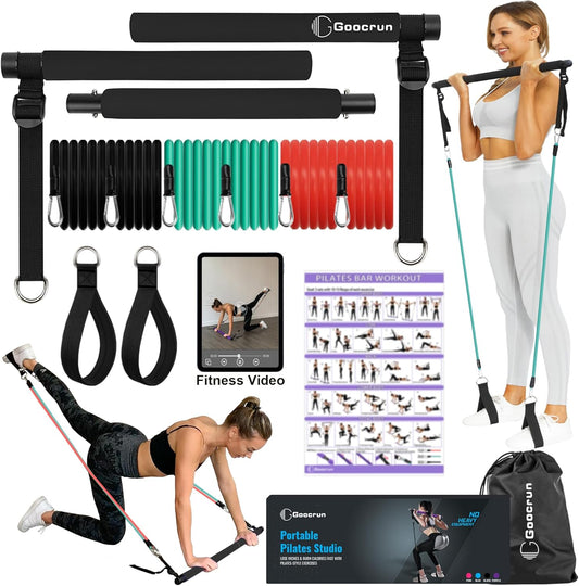 Ensemble de Barres de Pilates et de Bandes de résistance avec poignées, Salle de Sport Portable à Domicile – Livré avec des Affiches et des vidéos de Fitness
