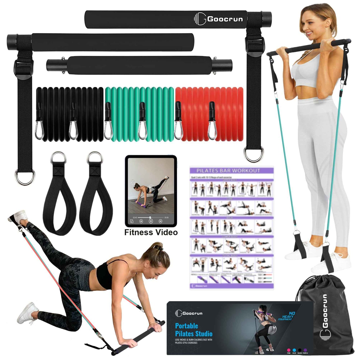 Ensemble de Barres de Pilates et de Bandes de résistance avec poignées, Salle de Sport Portable à Domicile – Livré avec des Affiches et des vidéos de Fitness