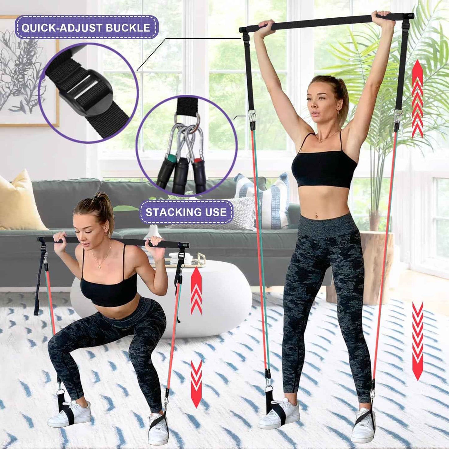 Ensemble de Barres de Pilates et de Bandes de résistance avec poignées, Salle de Sport Portable à Domicile – Livré avec des Affiches et des vidéos de Fitness